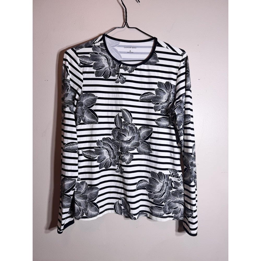 Lands End Womens Swim Shirt Top Rash Guard Blue White Pink Floral Size 6/8 S